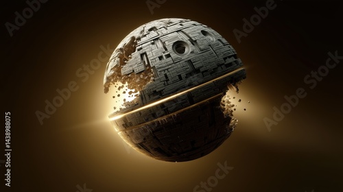 A meticulously detailed 3D render depicts a shattered Death Star-like space station against a dark golden background emitting light from its fractured core.