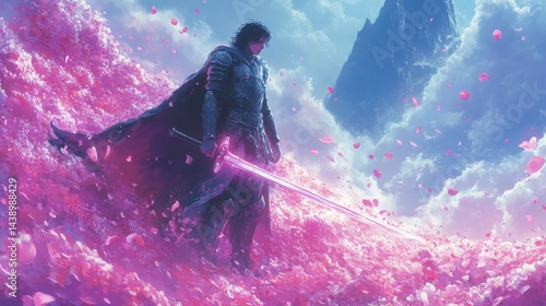 A knight holding a sword, standing as the flower swirling 