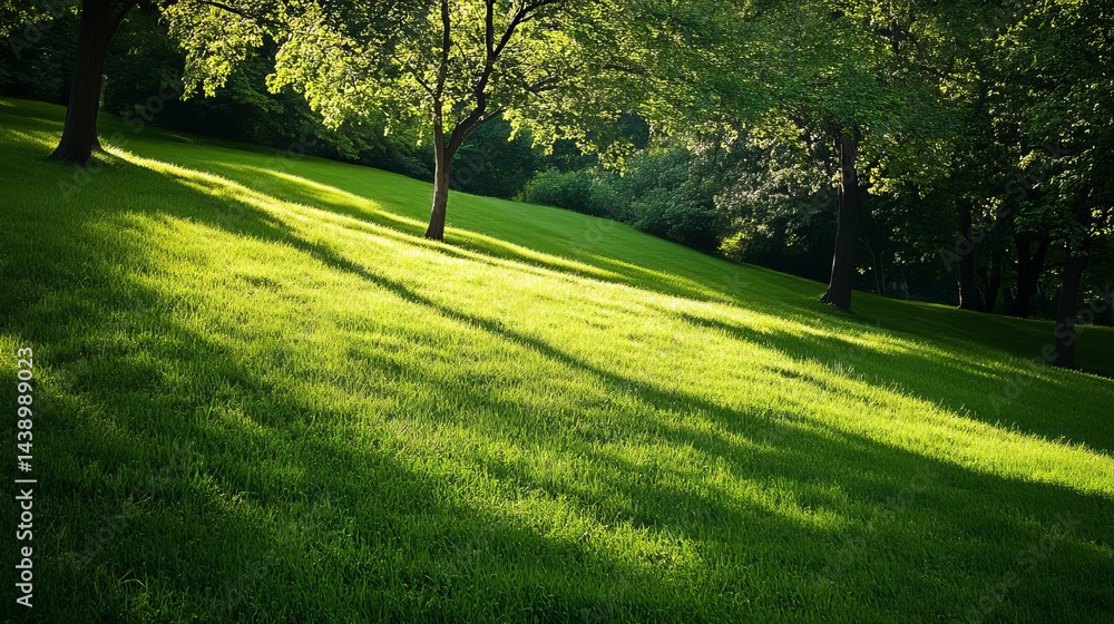 Obraz premium Sunlight shines on a grassy hill with trees casting shadows in a serene outdoor landscape view