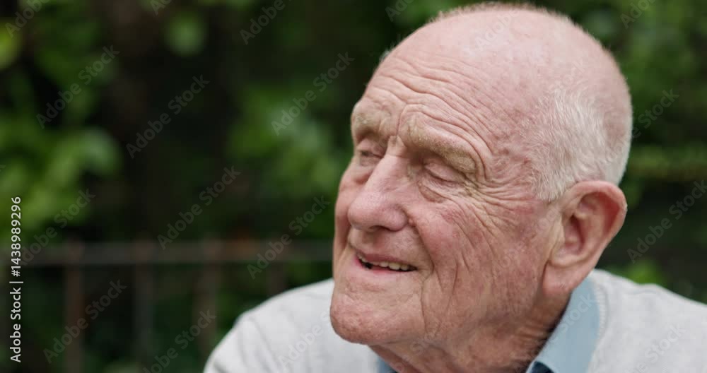 Senior, man and thinking outdoor for memory, remember or mental health in garden of retirement home. Elderly, person or thoughtful with smile, reflection and nostalgia in backyard of hospice or house Senior, man and thinking outdoor for memory, remember or mental health in garden of retirement home. Elderly, person or thoughtful with smile, reflection and nostalgia in backyard of hospice or house
