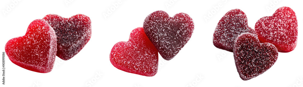 Obraz premium Sweet Red and Pink Heart Shaped Gummy Candies with Sugar Coating Collection Set for Valentine's Day Love Celebration Isolated on Transparent and White Background