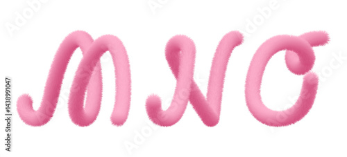 Volumetric fur M, N, O alphabet. Pink letter. Animal tail hair alphabet. Fluffy font, bubble typescript text. Furry pompom 3d typography. Hairy vector capital script, fuzzy soft puffy plush character