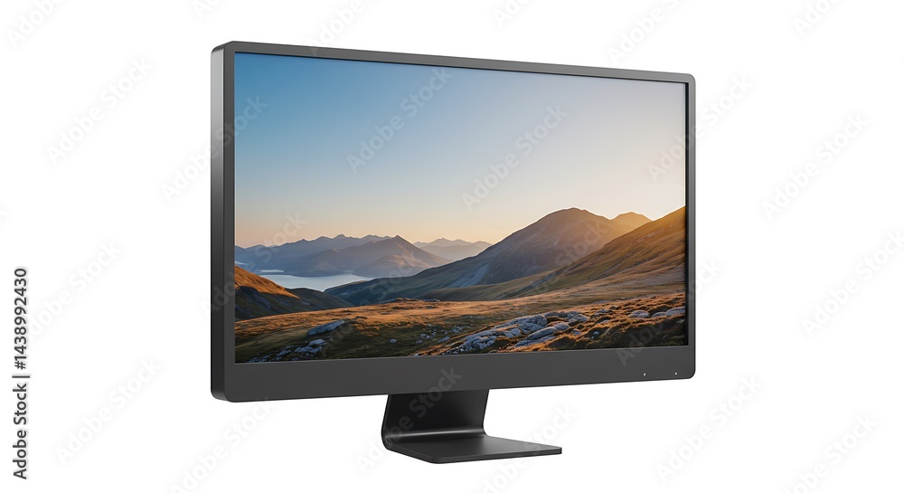 Sleek Black Monitor Displaying Serene Mountain Landscape Sleek Black Monitor Displaying Serene Mountain Landscape