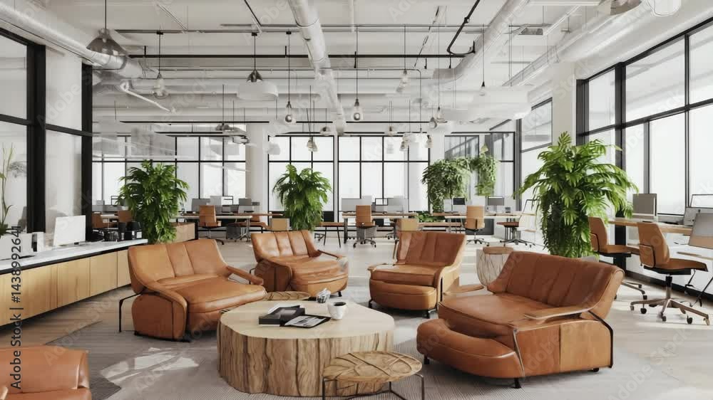 Modern coworking office space with stylish leather lounge chairs, wooden tables, computer desks, and lush green plants, designed with open ceilings and large windows for a creative, relaxed workspace. Modern coworking office space with stylish leather lounge chairs, wooden tables, computer desks, and lush green plants, designed with open ceilings and large windows for a creative, relaxed workspace.