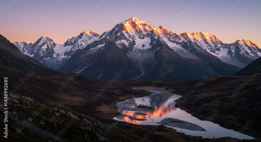 Obraz premium Scenic Mountain Peaks Reflecting Sunrise Light on Calm Alpine Lake