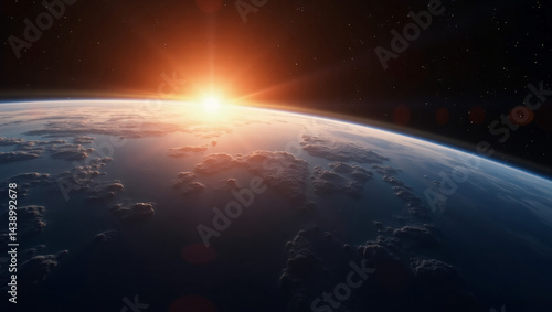 Earth and Sunrise: A mesmerizing perspective from space captures the sun's radiant embrace on the earth's horizon, with the planet's surface, filled with swirling cloud formations.