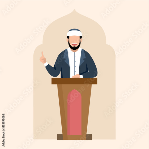 An illustration of a Muslim Imam delivering a Khutbah (sermon) from the Minbar (pulpit) during Friday prayers