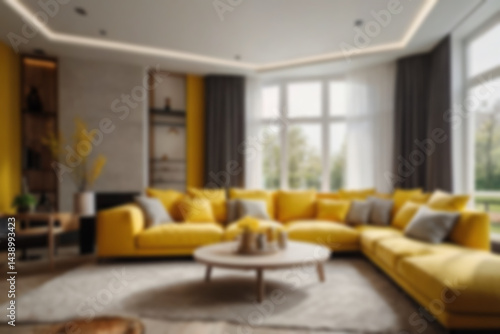 Wallpaper Mural modern living room interior blurry, with sofas neatly lined up with a yellow theme, there are flower pots behind the sofa, near the window, bright lighting, blur wallpaper, 8k photo quality Torontodigital.ca