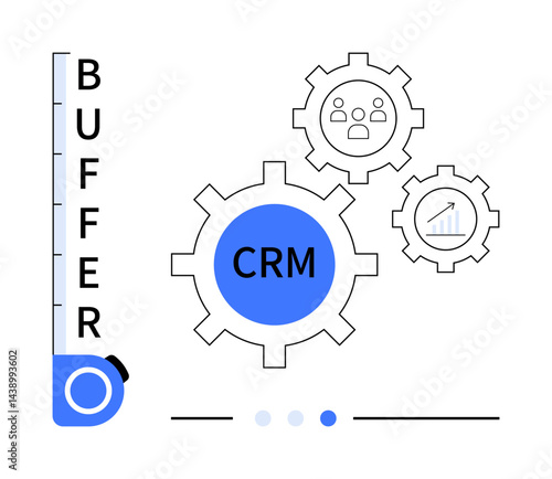 CRM in central gear surrounded by analytics and group icons within gears, buffer scale for progress. Ideal for customer relationship management, data optimization, team workflow, performance metric