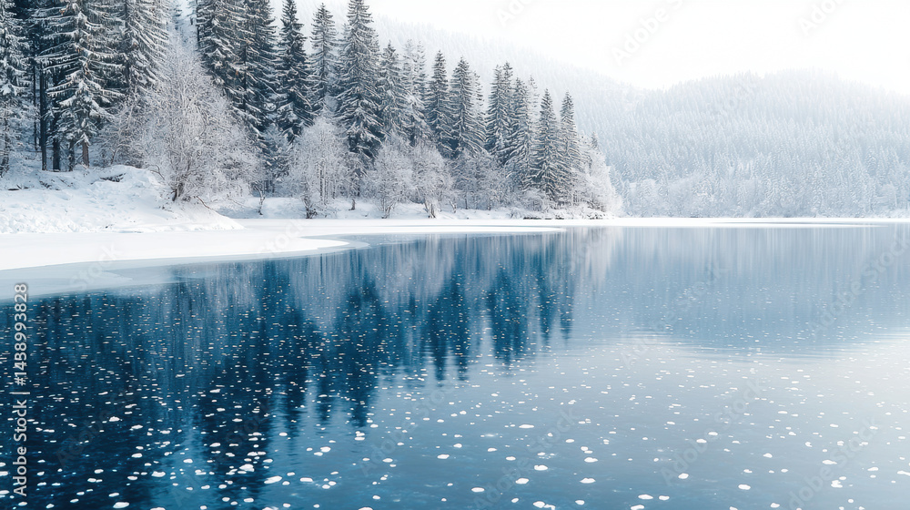 serene winter landscape featuring calm lake surrounded by snow covered trees, reflecting tranquil beauty of nature. scene evokes sense of peace and stillness serene winter landscape featuring calm lake surrounded by snow covered trees, reflecting tranquil beauty of nature. scene evokes sense of peace and stillness