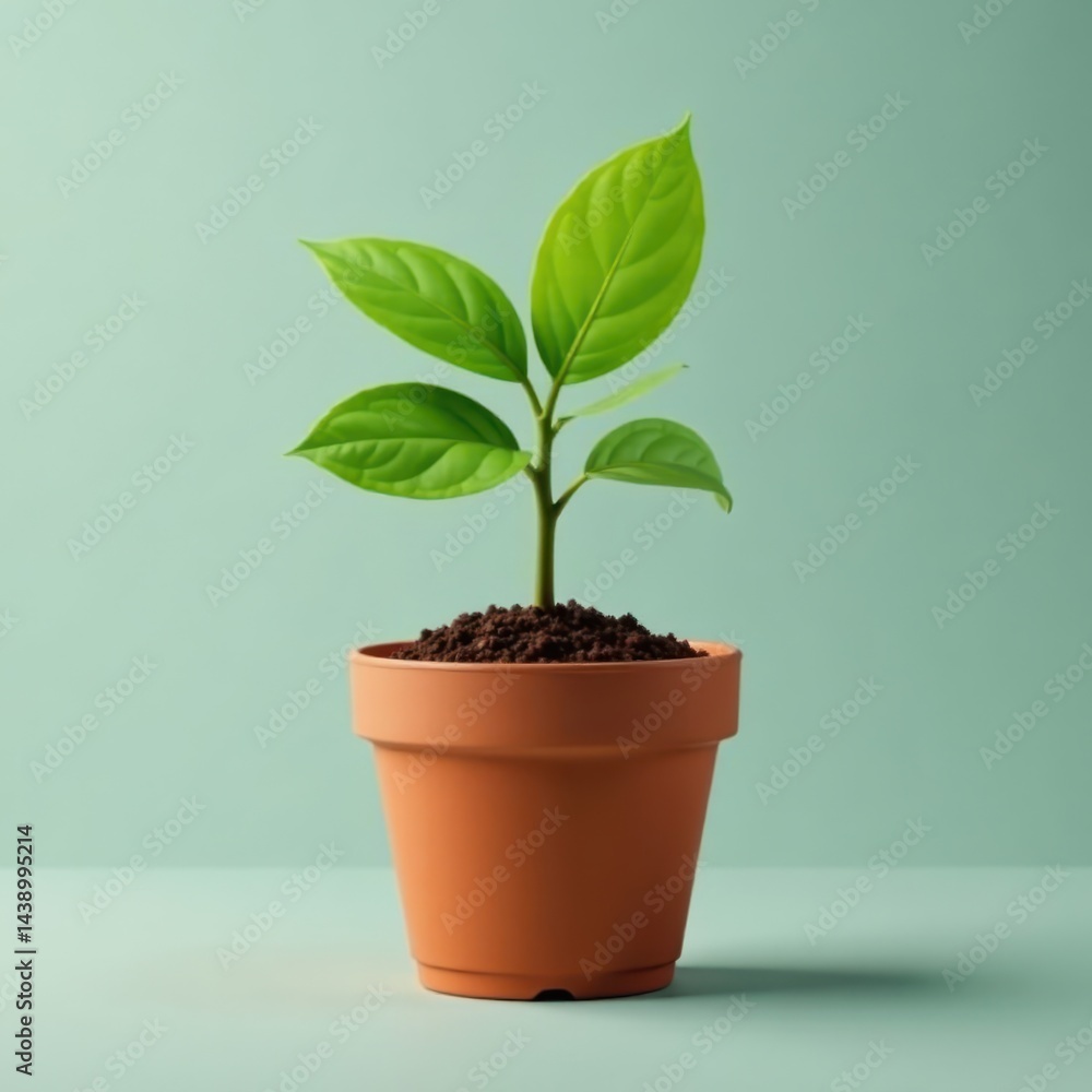Vibrant green sprout in terracotta pot, fresh leaves , stem, growth, new life Vibrant green sprout in terracotta pot, fresh leaves , stem, growth, new life