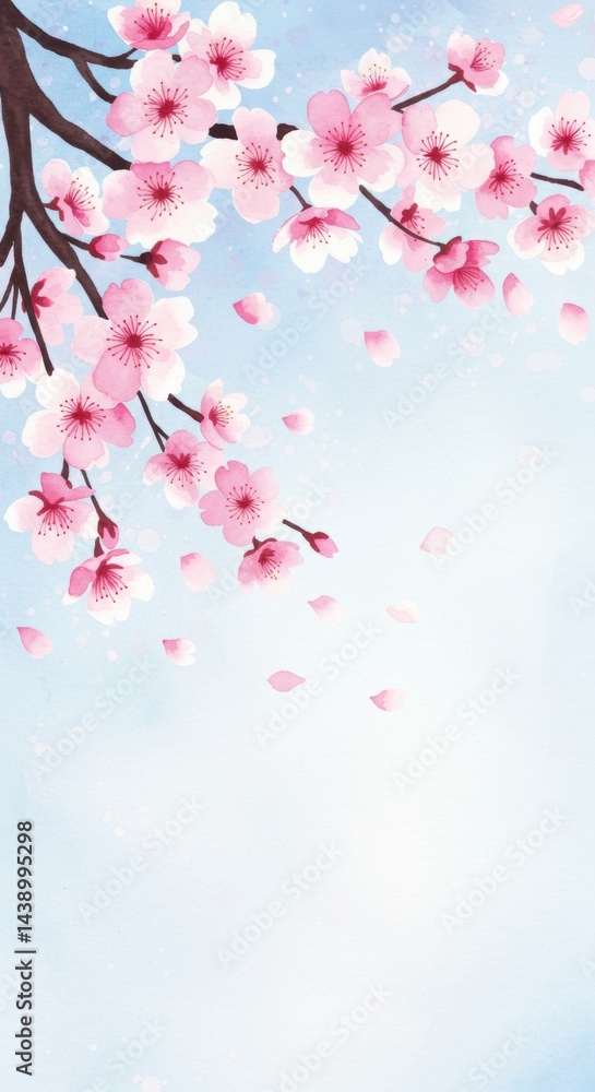 Fototapeta premium Light pastel cherry blossom branches with petals gently falling under a bright dreamy blue spring sky