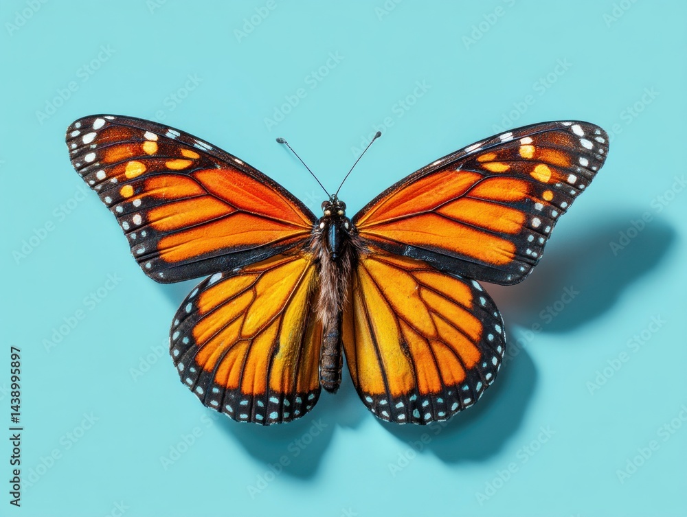 Obraz premium macro photo of a monarch butterfly with wings spread, isolated on light blue background, vibrant colors, clean studio lighting, sharp focus