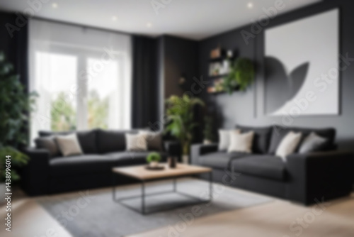 Wallpaper Mural modern living room interior blurry, with sofas neatly lined up with a black theme, there are flower pots behind the sofa, near the window, bright lighting, blur wallpaper, 8k photo quality Torontodigital.ca