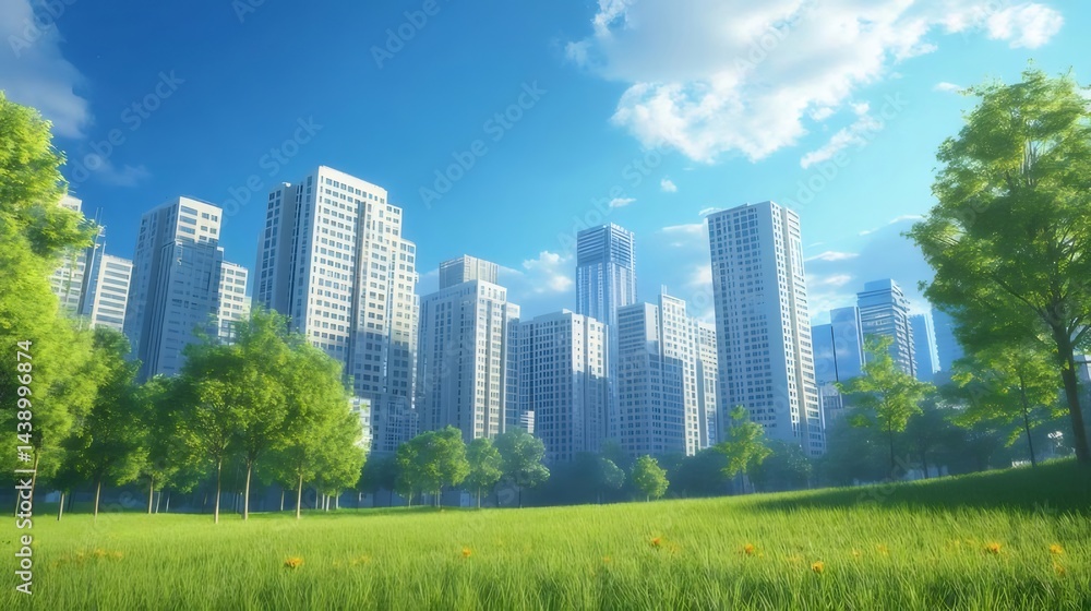 青い空と緑豊かな公園の木々と草地を背景にしたモダンな都市景観の風景 青い空と緑豊かな公園の木々と草地を背景にしたモダンな都市景観の風景
