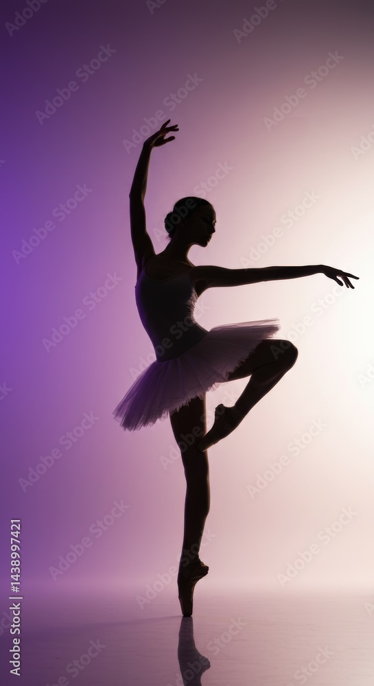 Graceful ballerina performing artistic dance pose with soft dreamy lighting in purple and white, capturing elegance and precision Graceful ballerina performing artistic dance pose with soft dreamy lighting in purple and white, capturing elegance and precision