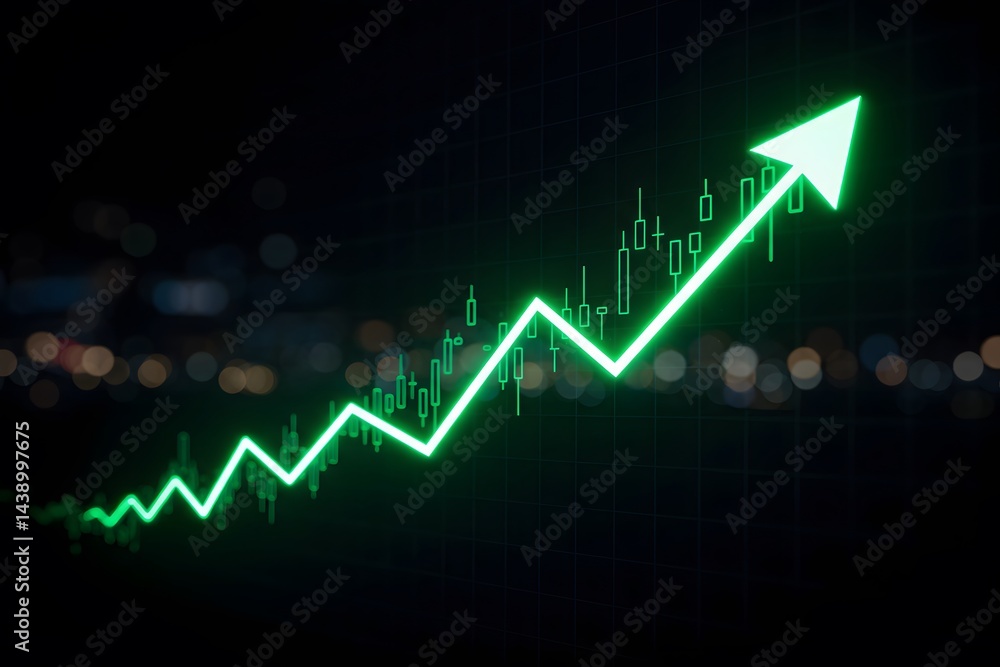 Business growth chart with rising trend line. Digital stock market data visualization for investment analysis. upward trend, stock market chart, Financial growth, Green arrow pointing upward on financ Business growth chart with rising trend line. Digital stock market data visualization for investment analysis. upward trend, stock market chart, Financial growth, Green arrow pointing upward on financ
