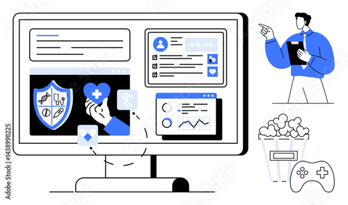 Monitor displaying medical stats, data, and reports with shield and heart icons, health analytics, clipboard, popcorn, and game controller. Ideal for health-tech, telemedicine gaming diagnostics