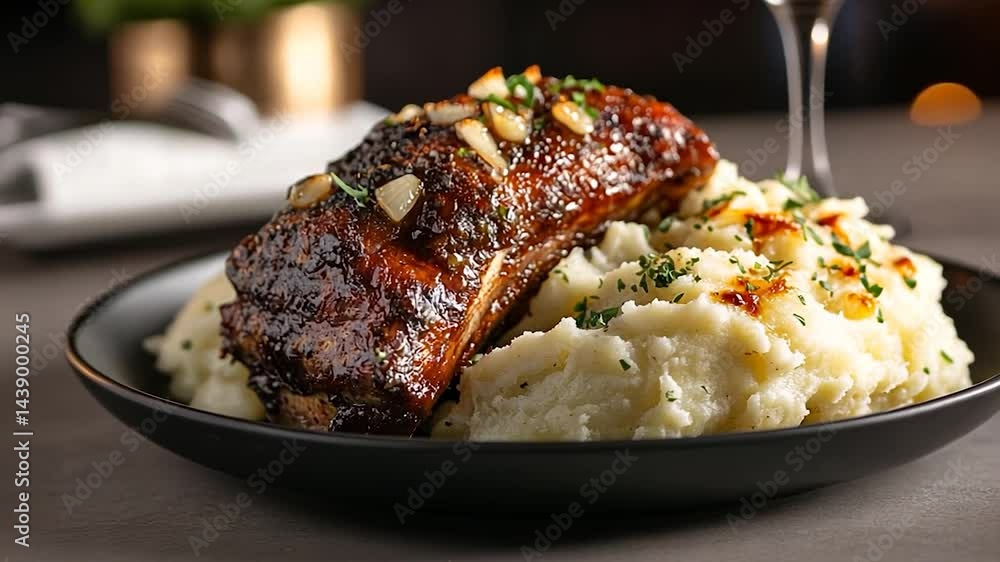 Delicious roasted meat with sauce served on mashed potatoes in a black plate with wine in the background perfect for a fine dining experience Delicious roasted meat with sauce served on mashed potatoes in a black plate with wine in the background perfect for a fine dining experience