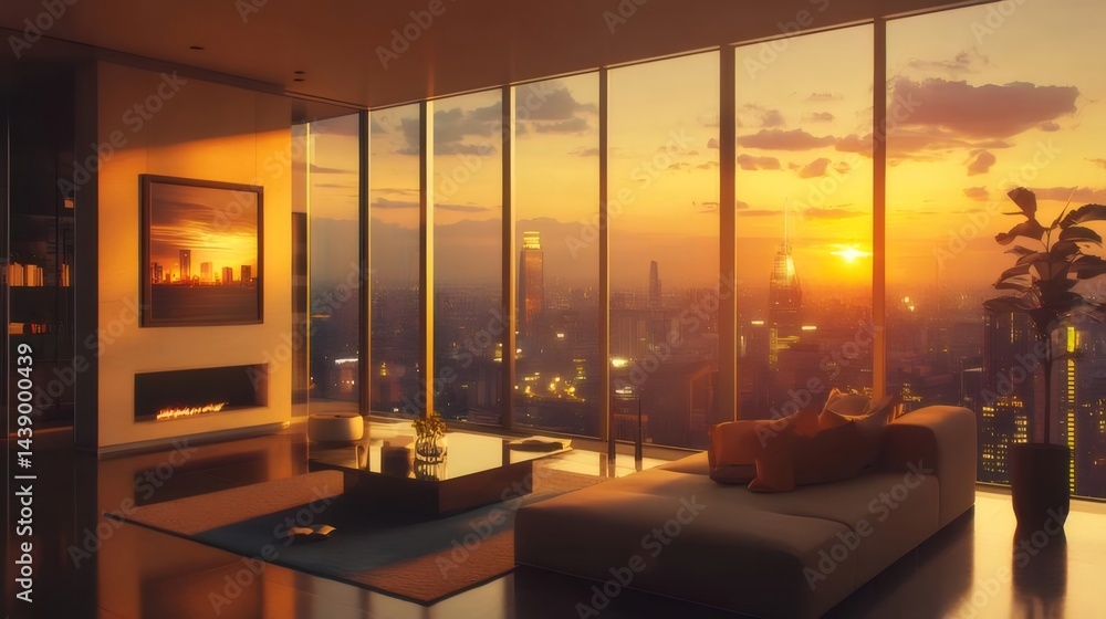 高層マンションのリビングルーム 夕焼けの都市景観を望む 暖炉とソファ 温かいオレンジ色の光に包まれた室内 高層マンションのリビングルーム 夕焼けの都市景観を望む 暖炉とソファ 温かいオレンジ色の光に包まれた室内