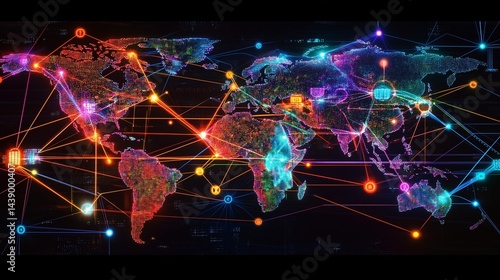 A dynamic dotted world map in a futuristic style, with vibrant digital connections linking major cities and continents, symbolizing advanced communication technology.