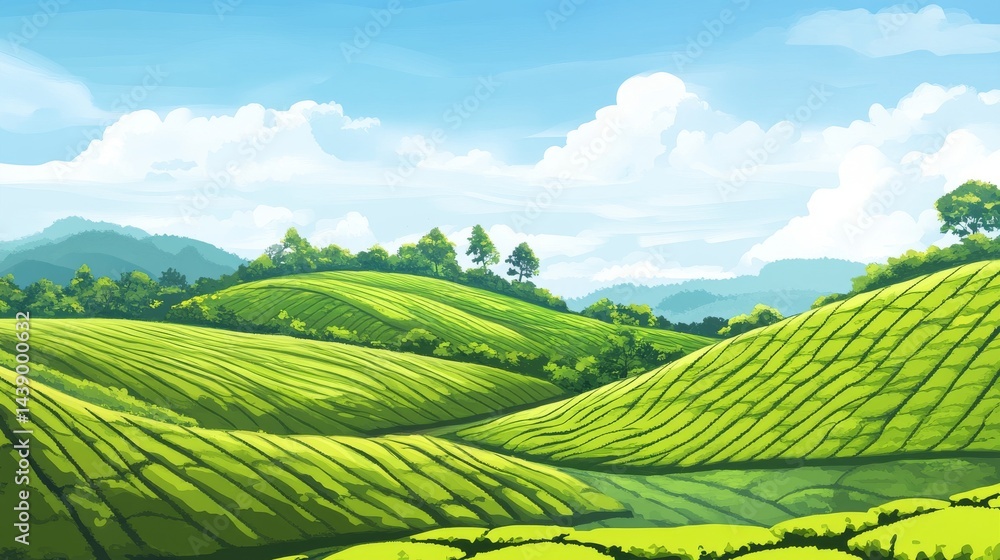 Fototapeta premium Serene Tea Plantation Landscape Painting