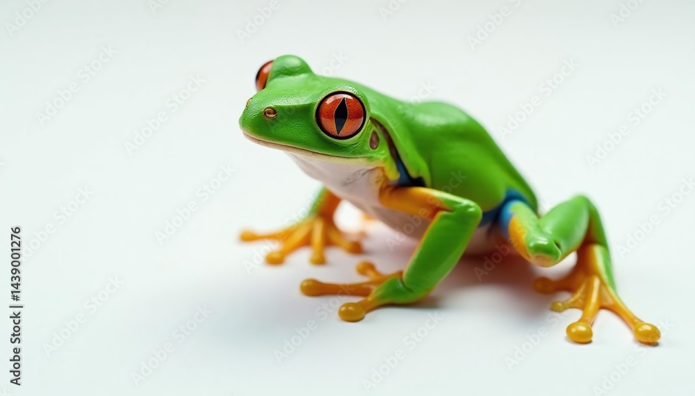 Fototapeta premium Green tree frog perched on white, vibrant skin, vibrant, texture, eyes