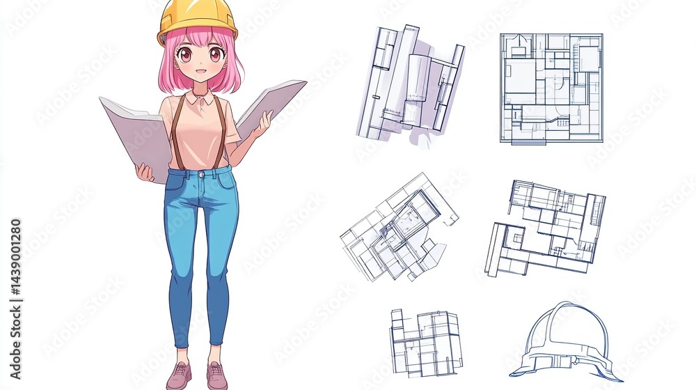 Fototapeta premium Anime girl architect reviewing blueprints.