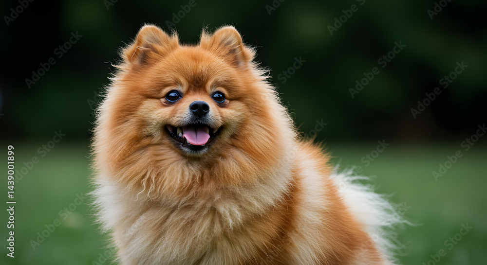 Happy Pomeranian Dog Portrait on Green Grass with Natural Lighting Happy Pomeranian Dog Portrait on Green Grass with Natural Lighting