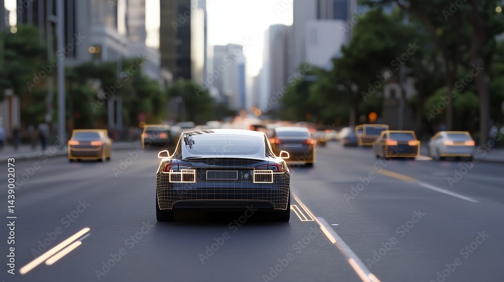Fototapeta premium Autonomous Car Driving on City Street with Other Vehicles in Motion