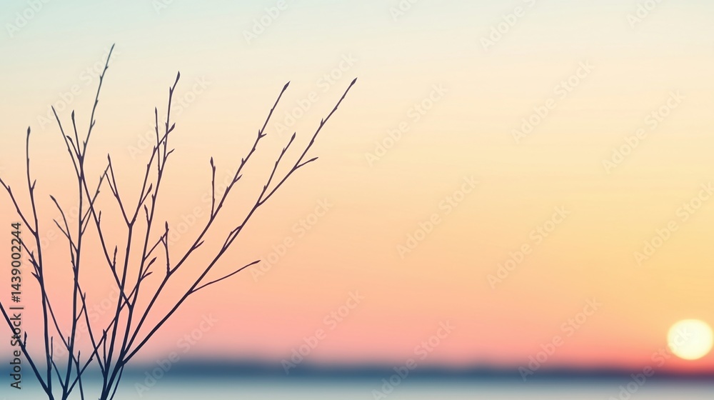 Fototapeta premium A serene scene featuring a silhouetted branch against a soft, colorful sunset sky, evoking tranquility and nature's beauty.