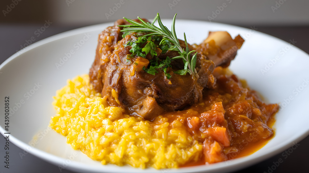 Delicious Slow Cooked Osso Buco alla Milanese Served on a Bed of Risotto with Fresh Herbs and Garnish Delicious Slow Cooked Osso Buco alla Milanese Served on a Bed of Risotto with Fresh Herbs and Garnish