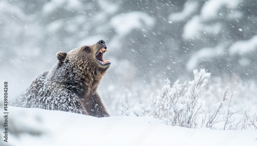 Obraz premium Grizzly Bear Roaring in a Snowstorm