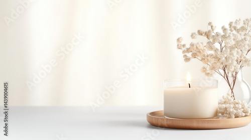 A lit candle on a wooden tray with dried flowers in a vase, minimalist home decor setup on a light background, and cozy and serene atmosphere.