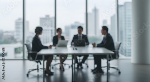 Blurred Corporate Meeting with Business People in Suits and Cityscape View