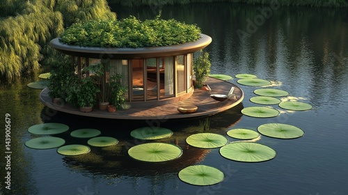 Floating Eco-House on Lake: A serene eco-friendly house floats gently on a calm lake, surrounded by lush greenery and lily pads.