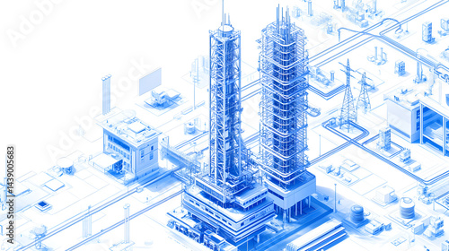 Telecom communication hub, tall steel radio towers, fiber optic cables underground, 3D isometric vector, clear white background, fine line texture, aerial view