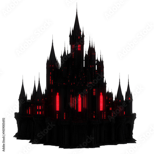 Silhouette of a dark castle in black with red glowing, isolated on transparent background