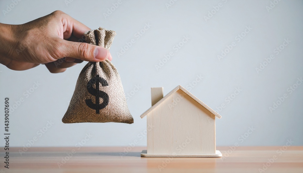 Obraz premium A hand holding a money bag over a miniature house, symbolizing investment.