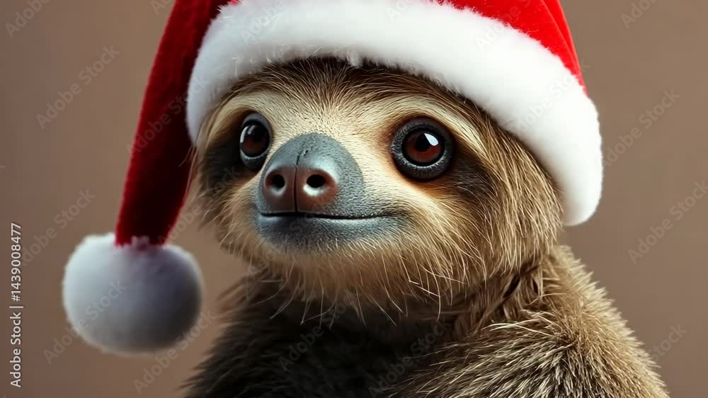 Charming sloth in santa hat expresses joy with subtle movements Charming sloth in santa hat expresses joy with subtle movements