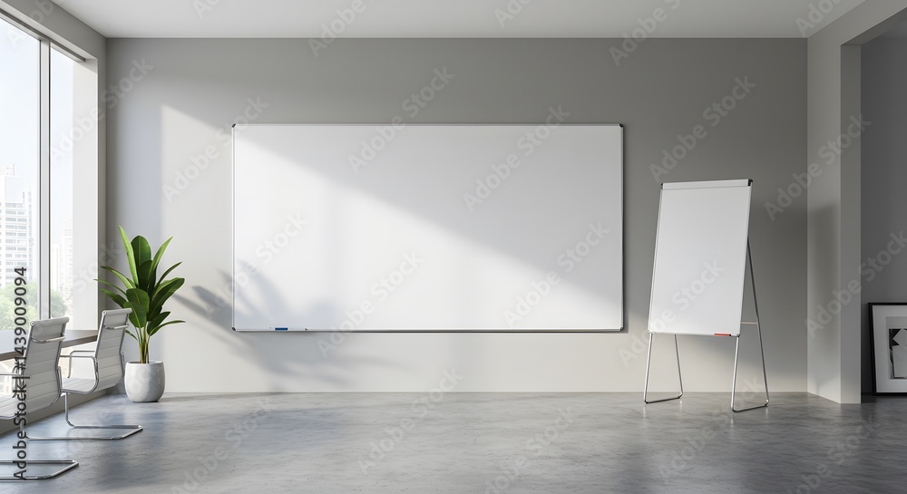 Empty Modern Office with Whiteboard, Flip Chart, and Plant