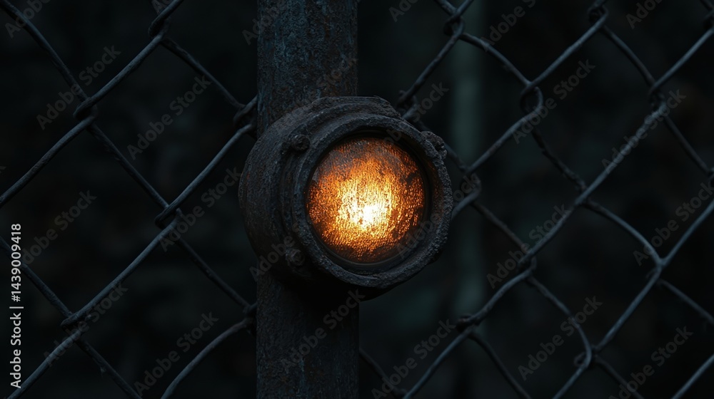 Obraz premium A close-up of a rusty light fixture on a chain-link fence, glowing softly in a dark environment, creating an eerie and atmospheric vibe.