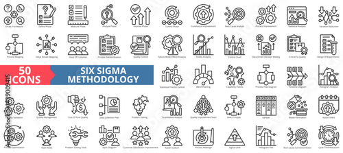 Six sigma methodology icon collection set. Containing dmaic framework, define, measure, analyze, continuous, improvement, root cause, process, analysis icon. Simple outline vector illustration.