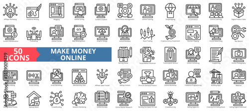 Make money online icon collection set. Containing marketing, affiliate, freelance writing, blogging, survey, content creation, social media management icon. Simple outline vector illustration.