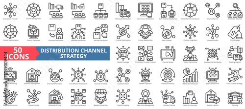 Distribution channel strategy icon collection set. Containing management, direct, indirect, retail, wholesale, e-commerce, omni channel, segmentation icon. Simple outline vector illustration.
