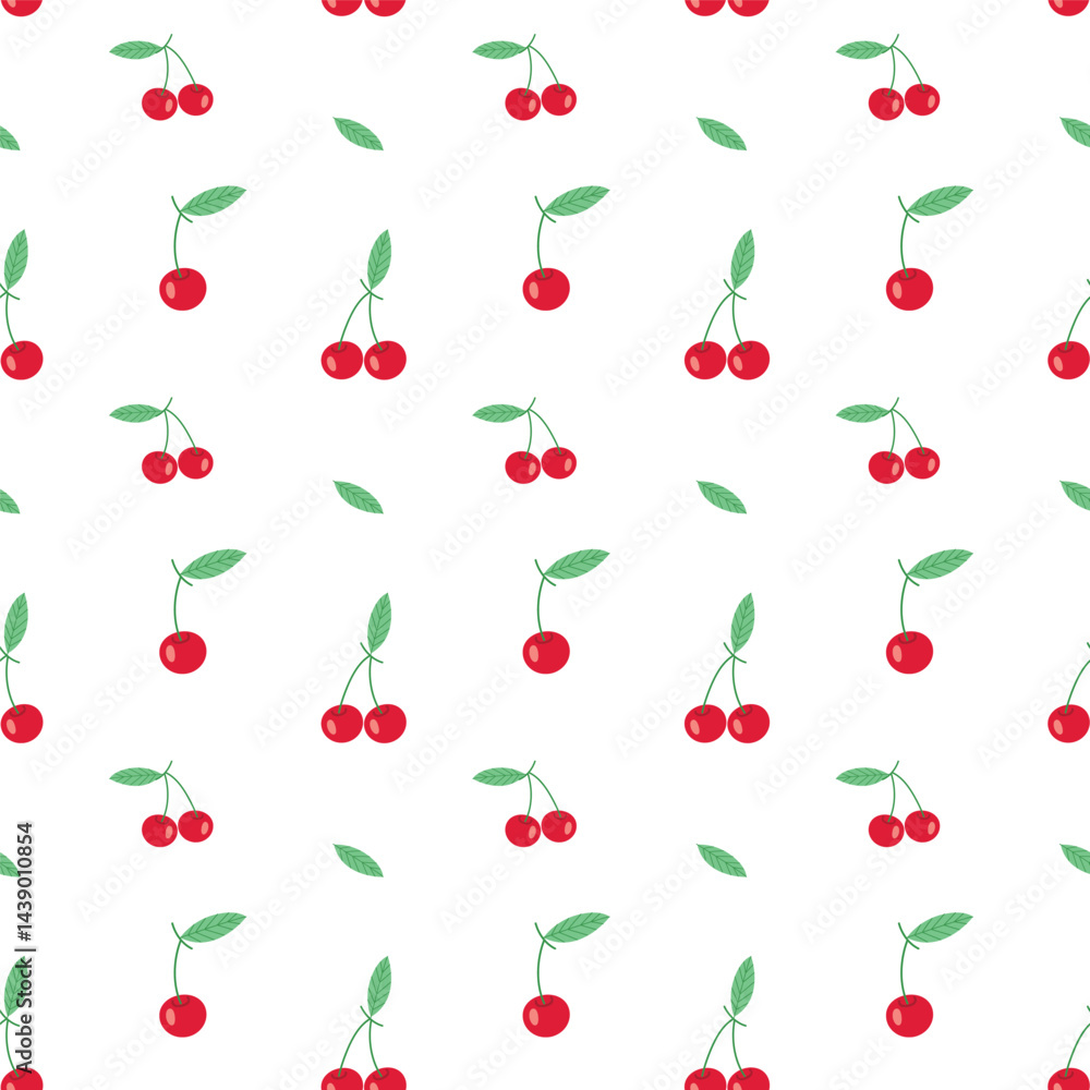 Seamless Cherry Pattern Hand Drawn Red Fruit and Leaf Illustration, Fresh Summer Background for Fabric, Wrapping Paper, and Kitchen Decor Seamless Cherry Pattern Hand Drawn Red Fruit and Leaf Illustration, Fresh Summer Background for Fabric, Wrapping Paper, and Kitchen Decor