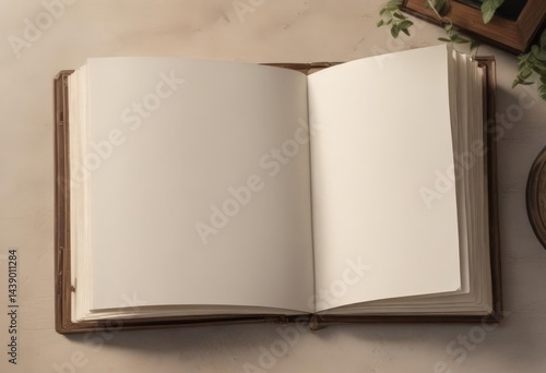 Open vertical photo album mockup, blank pages, nostalgic frame ,  design,  template,  insert