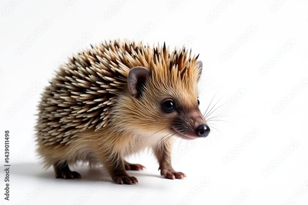 Brown hedgehog, spines visible, on plain white backdrop, image, nature, stock Brown hedgehog, spines visible, on plain white backdrop, image, nature, stock