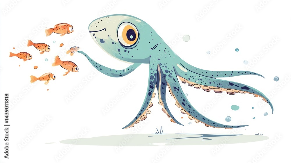 Fototapeta premium Cute cartoon octopus feeding fish