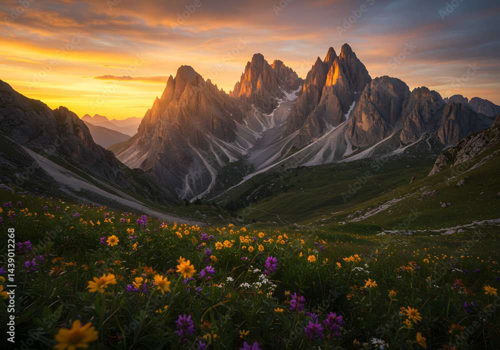 Fototapeta premium Stunning Sunset over the Dolomites Mountains with Wildflowers